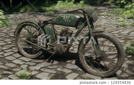 Weathered vintage motorcycle on cobblestone road sunlight 129354836