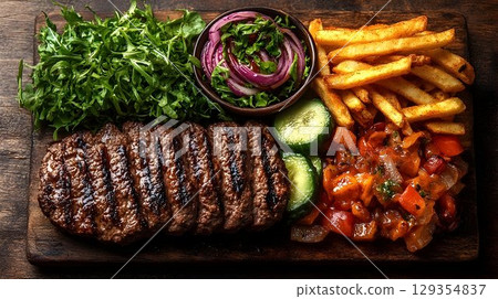 Juicy grilled steak with french fries and fresh salad 129354837