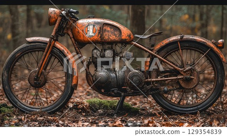 Weathered vintage motorcycle in forest setting 129354839