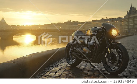 Black motorcycle at sunrise by river and city bridge 129354849