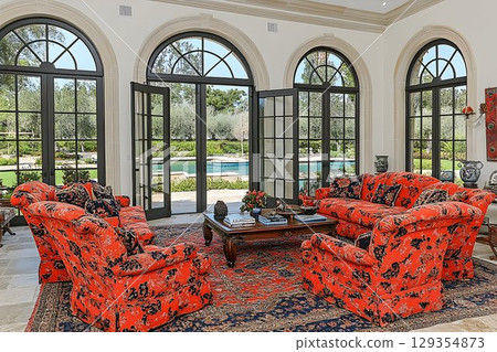 Bright living room interior with garden and pool view 129354873