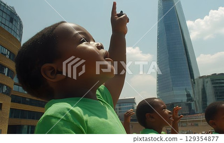Children looking up at a tall building in the city Children looking up at a tall building in the city 129354877