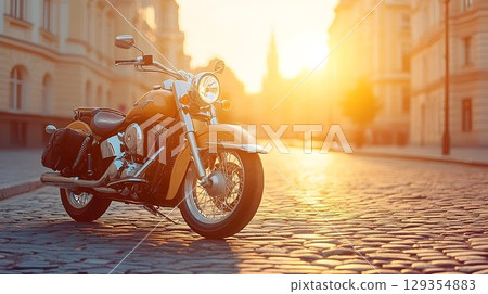 Yellow motorcycle on cobblestone street at sunset urban transportation Yellow motorcycle on cobblestone street at sunset urban transportation 129354883