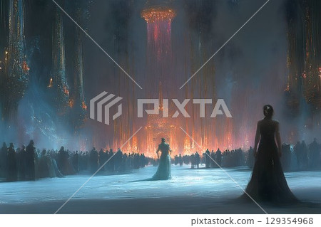 Ethereal Gathering: Figures Gaze at Illuminated Structures in a 129354968