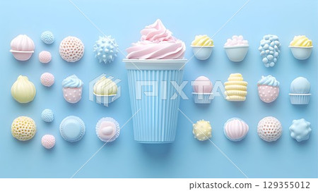 Pastel Delightful Treats Arranged on a Light Blue Background 129355012