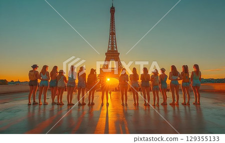 Golden Hour in Paris: Tourists Silhouetted Against the Eiffel To 129355133