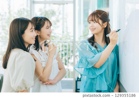 A female team having a meeting using a whiteboard A female team having a meeting using a whiteboard 129355186