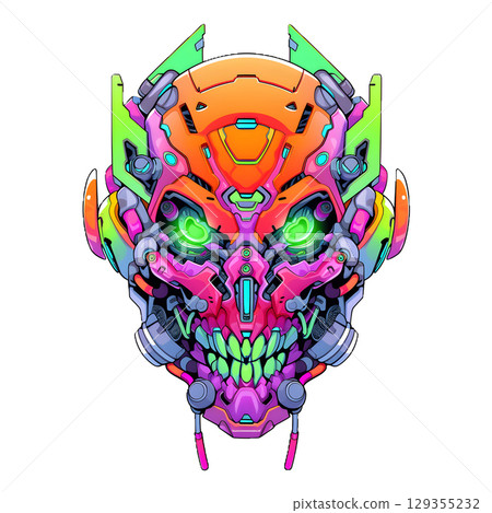 Neon glowing cyberpunk skull android 129355232