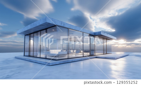The square in front of the white building's glass curtain wall 129355252