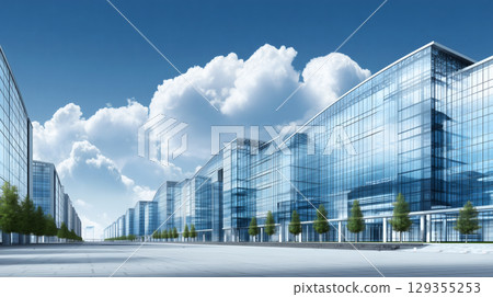 The square in front of the white building's glass curtain wall 129355253