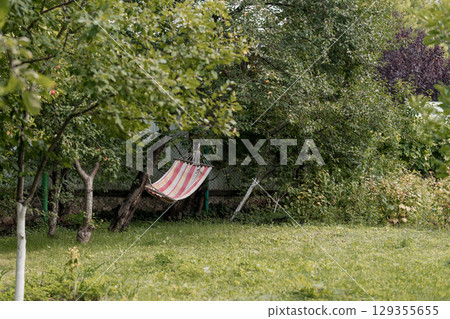Peaceful Summer Backyard Oasis with Red and White Striped Hammock Under Lush Green Trees, Relaxing Garden Scene, Outdoor Leisure, Warm Sunlight. Peaceful Summer Backyard Oasis with Red and White Striped Hammock Under Lush Green Trees, Relaxing Garden Scene, Outdoor Leisure, Warm Sunlight. 129355655