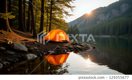 Lakeside camping: orange tents bathed in the morning sun 129355677