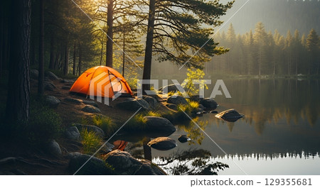 Camping in the wilderness: Calm lakes and forests 129355681