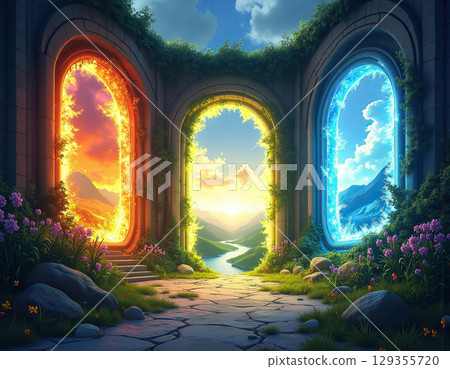 Mystical Stone Archway with Fiery Orange and Icy Blue Portals Leading to Lush Landscapes, Vibrant Fantasy World Illustration. 129355720