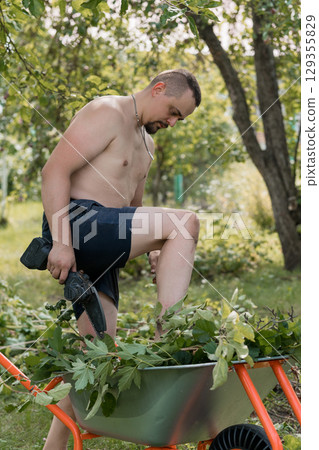 Shirtless Man Cutting Branches with Chainsaw in Garden, Wheelbarrow, Greenery, Orange Tool, Summer Yard Work, Realistic Outdoor Scene 129355829