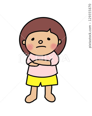 A girl in a pink shirt with her arms crossed and looking angry 129355870