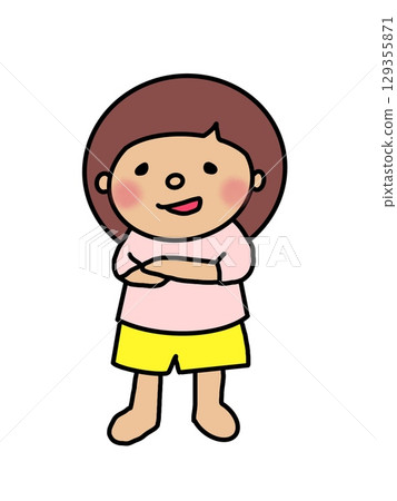 A girl with bob hair and a pink shirt crossing her arms and grinning mischievously 129355871