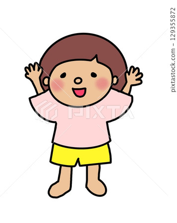 Banzai! A smiling girl in a pink T-shirt raises her hands in joy 129355872