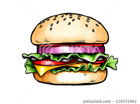 Watercolor vector illustration of a burger. 129355962