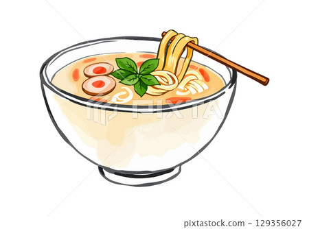 Watercolor vector illustration of a bowl of ramen. 129356027