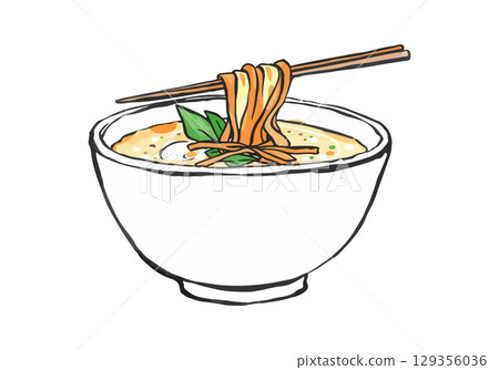 Watercolor vector illustration of a bowl of ramen. 129356036
