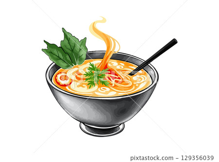 Watercolor vector illustration of a bowl of ramen. 129356039