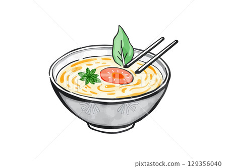 Watercolor vector illustration of a bowl of ramen. 129356040