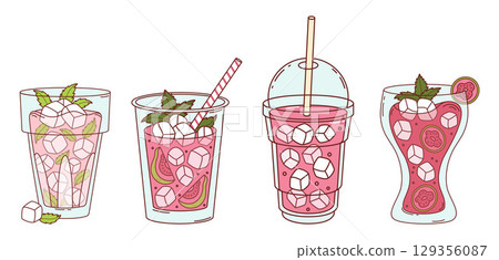 Guava Pink drink smoothie with lots ice cubes set. Summer Fruit Exotic Cocktail with tropical Fruit slices, straw and Mint leaves. Isolated Vector Illustration for ads, marketing, menu, design Guava Pink drink smoothie with lots ice cubes set. Summer Fruit Exotic Cocktail with tropical Fruit slices, straw and Mint leaves. Isolated Vector Illustration for ads, marketing, menu, design 129356087