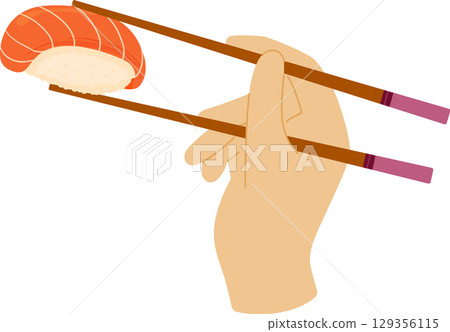 Cartoon hand holds chopsticks with salmon sushi. Japanese cuisine, traditional food isolated on white background Cartoon hand holds chopsticks with salmon sushi. Japanese cuisine, traditional food isolated on white background 129356115