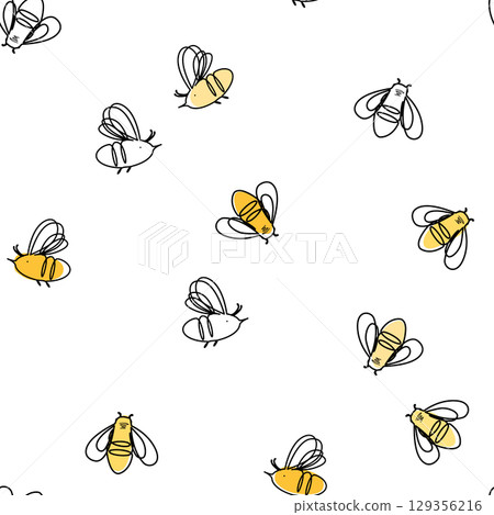 Linear cartoon bees seamless pattern. Vector background illustration 129356216