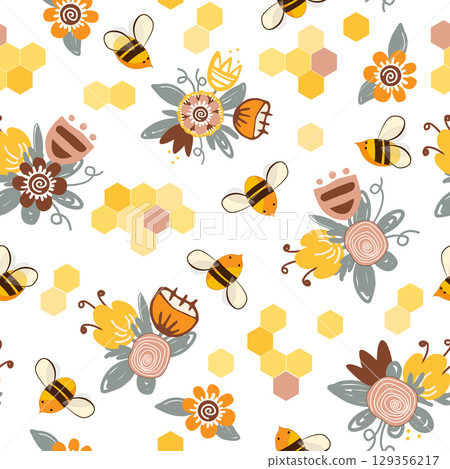 Cute cartoon honey bees, honeycombs and doodle meadow flower seamless pattern. Vector background illustration 129356217
