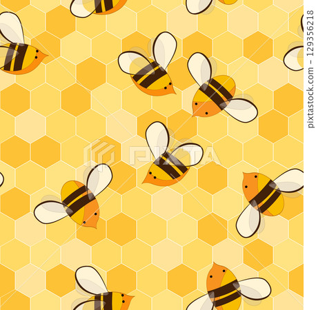 Cute cartoon honey bees on honeycombs seamless pattern. Vector background illustration 129356218