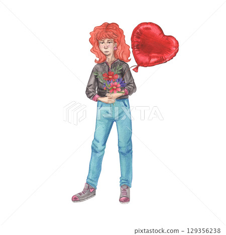 A girl with curly red hair holding a bouquet and a heart shaped balloon. Watercolor illustration with romantic vibe. Retro style. Perfect for Valentine Day, love stories, postcards, character design. 129356238