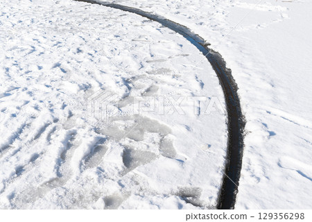 Giant ice circle spins on river in winter's unique natural event. A rare phenomenon occurs as a giant ice circle spins in the river, showcasing nature's beauty during winter Giant ice circle spins on river in winter's unique natural event. A rare phenomenon occurs as a giant ice circle spins in the river, showcasing nature's beauty during winter 129356298