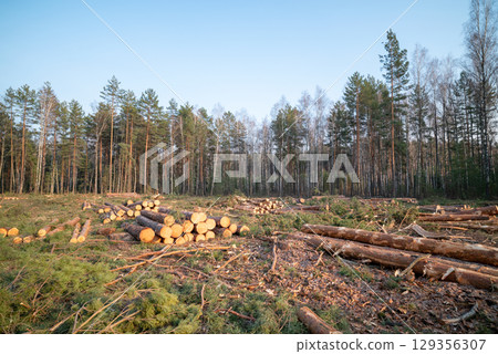 Cut pine trees in a forest clearing during evening light. Cut area in a forest shows freshly cut pine trees, with logs stacked and remnants scattered on the ground Cut pine trees in a forest clearing during evening light. Cut area in a forest shows freshly cut pine trees, with logs stacked and remnants scattered on the ground 129356307