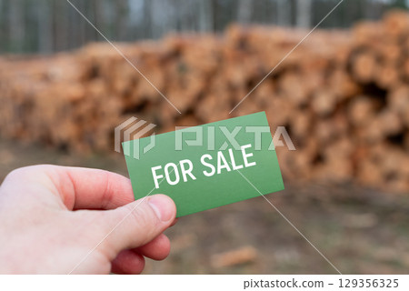 For sale sign on background of cut logs in forest. Man's hand holding "For sale" card against stacked timber in a deforested forest, illustrating resource exploitation and commercialization For sale sign on background of cut logs in forest. Man's hand holding "For sale" card against stacked timber in a deforested forest, illustrating resource exploitation and commercialization 129356325