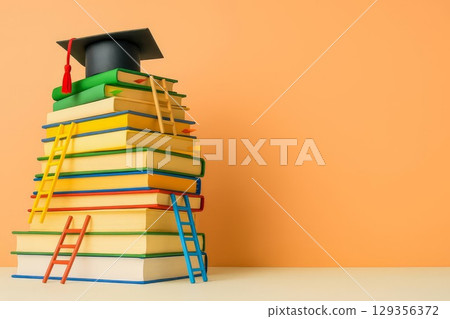 Books stack with ladders and graduation cap on orange background 129356372