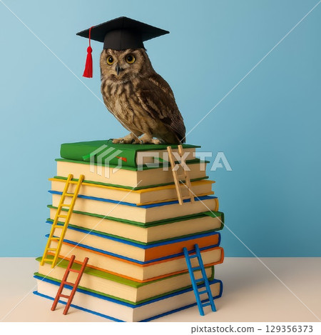 Owl with graduation cap on stack of books. Blue background, creative learning concept. Owl with graduation cap on stack of books. Blue background, creative learning concept. 129356373