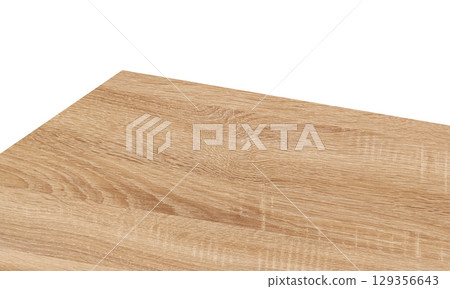 View of wood or wooden table top corner Isolated on white background. 129356643