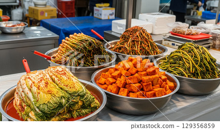 Assorted Kimchi Varieties in Large Bowls 129356859