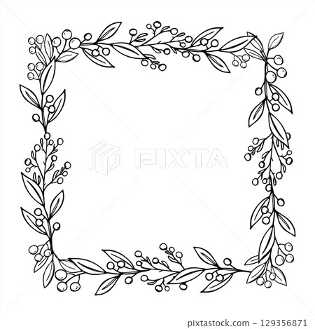 Monochrome intertwined leaf branches with berries vector frame with empty space for text. Evergreen pyracantha or gaultheria plant template for Christmas card, festive invitation, birthday greeting Monochrome intertwined leaf branches with berries vector frame with empty space for text. Evergreen pyracantha or gaultheria plant template for Christmas card, festive invitation, birthday greeting 129356871
