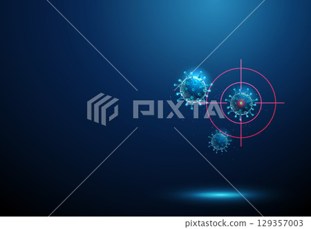 Abstract blue viruses in digital targeting scope. Targeted antiviral therapy, precision medicine, pathogen elimination, vaccine development, outbreak control concept Abstract blue viruses in digital targeting scope. Targeted antiviral therapy, precision medicine, pathogen elimination, vaccine development, outbreak control concept 129357003