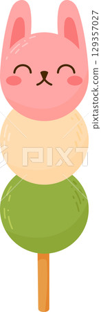 Cartoon Cute Bunny Dango Japanese Traditional Dessert Isolated on White. Hanami Dango Cartoon Cute Bunny Dango Japanese Traditional Dessert Isolated on White. Hanami Dango 129357027