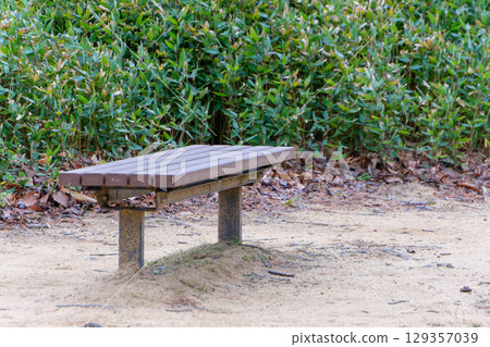 Wooden bench in the park and greenery in the background 129357039