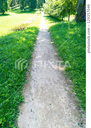 Gravel path winding through lush green meadow in summer 129357046