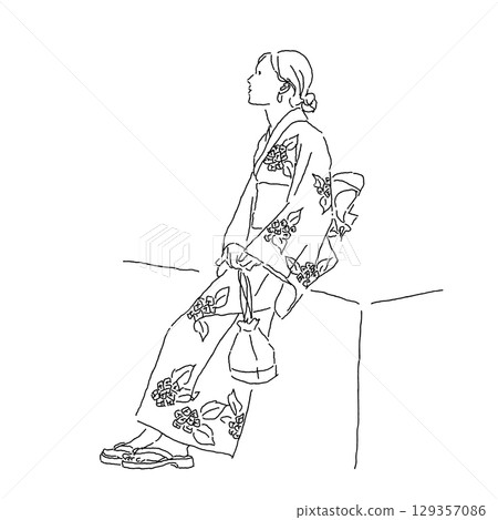 Line drawing illustration of a woman sitting in a yukata (side view) 129357086