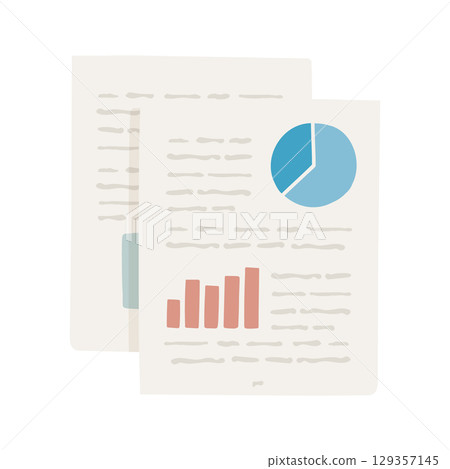 Illustration of a business document with pie and bar graphs 129357145