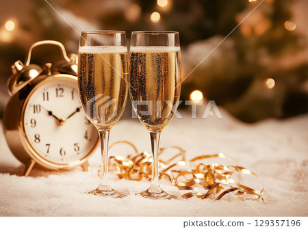 Merry Christmas. Champagne glasses and clock with festive golden background Merry Christmas. Champagne glasses and clock with festive golden background 129357196