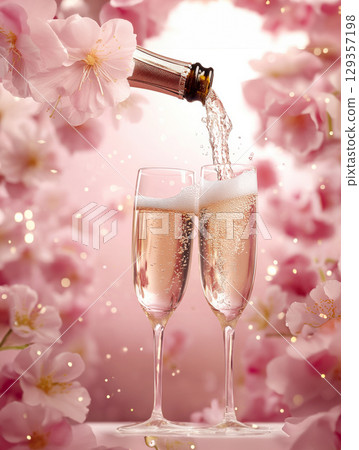 Merry Christmas. Pouring champagne into two glasses with cherry blossom background 129357198