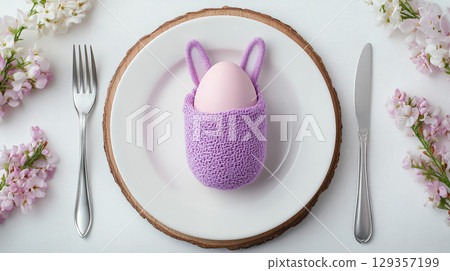 Easter table setting with pink egg wrapped in purple bunny napkin and cherry blossoms Easter table setting with pink egg wrapped in purple bunny napkin and cherry blossoms 129357199